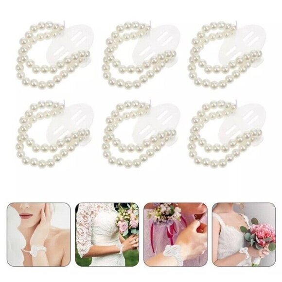 6pc Wrist Corsage Bridal Prom Elegant Beaded Faux Pearl Bracelets Wedding Formal - Picture 5 of 11